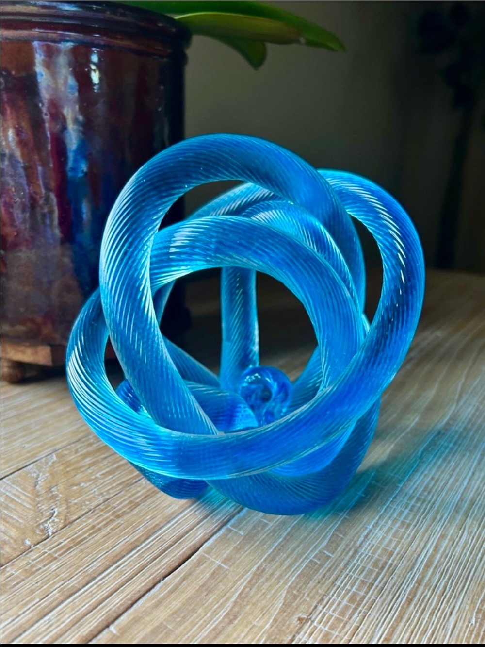 Large Vintage MCM Blue Art Glass Orb Twisted Rope Knot Hand Blown Sculpture. - Picture 3 of 11
